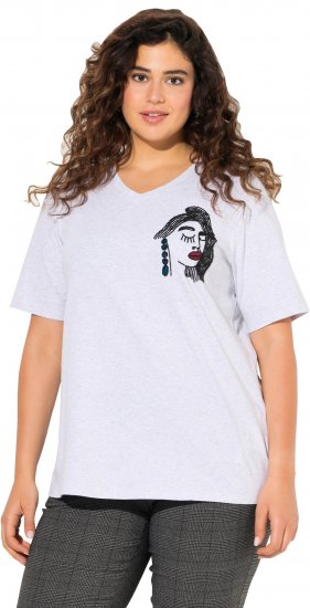 Ulla Popken Embroidered Face Motif Short Sleeve V-Neck Tee Light Grey Melange - Bedruckte T-shirts für herren - 