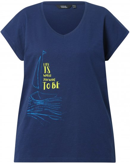 Ulla Popken Half-Sleeve A-line V-Neck Boat Pattern T-Shirt Ink Blue - Bedruckte T-shirts für herren - Bedruckte Damen-T-Shirts