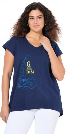 Ulla Popken Half-Sleeve A-line V-Neck Boat Pattern T-Shirt Ink Blue - Bedruckte T-shirts für herren - Bedruckte Damen-T-Shirts