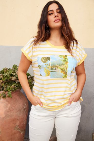Ulla Popken Striped Short Sleeve Citrus Graphic Tee Sun Yellow - Bedruckte T-shirts für herren - 