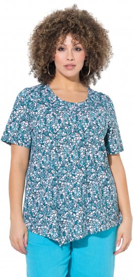 Ulla Popken Floral Pointed Hem Short Sleeve Tee Deep Aqua - Bedruckte T-shirts für herren - 