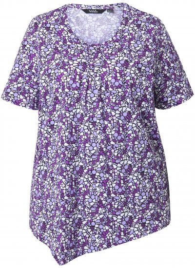 Ulla Popken Floral Pointed Hem Short Sleeve Tee Purple - Bedruckte T-shirts für herren - Bedruckte Damen-T-Shirts