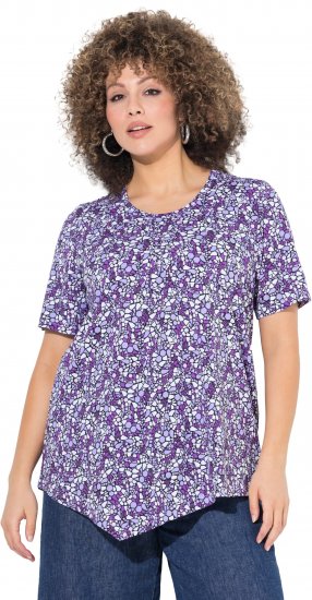 Ulla Popken Floral Pointed Hem Short Sleeve Tee Purple - Bedruckte T-shirts für herren - Bedruckte Damen-T-Shirts