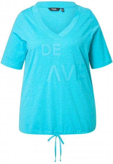Ulla Popken Ride The Wave Short Sleeve V-Neck Graphic Tee Deep Aqua - Bedruckte T-shirts für herren - 