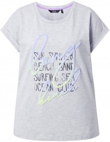 Ulla Popken Long Beach Lettering Cap Sleeve Tee Light Grey Melange - Bedruckte T-shirts für herren - 
