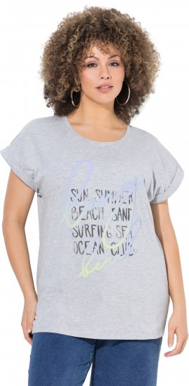 Ulla Popken Long Beach Lettering Cap Sleeve Tee Light Grey Melange - Bedruckte T-shirts für herren - 