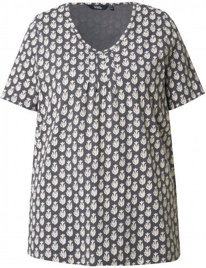 Ulla Popken Cactus Print Short Sleeve V-Neck Tee Graphite Grey - Bedruckte T-shirts für herren - 
