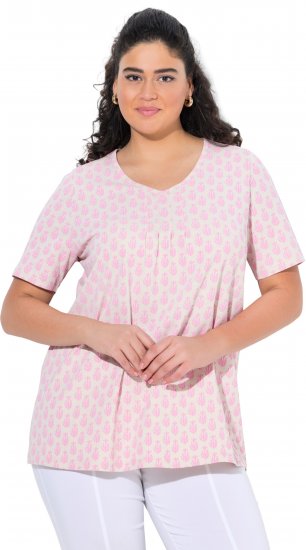Ulla Popken Cactus Print Short Sleeve V-Neck Tee Pink - Bedruckte T-shirts für herren - 