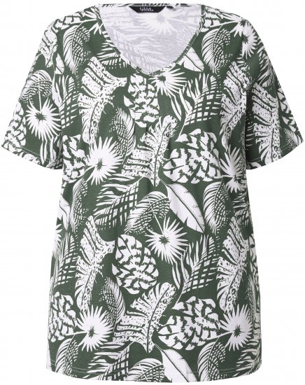 Ulla Popken Feather Print Short Sleeve V-Neck Tee Olive Grey - Bedruckte T-shirts für herren - 