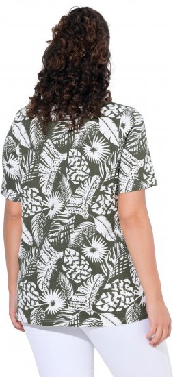 Ulla Popken Feather Print Short Sleeve V-Neck Tee Olive Grey - Bedruckte T-shirts für herren - 