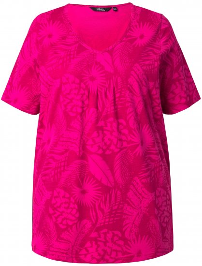 Ulla Popken Feather Print Short Sleeve V-Neck Tee Berry - Bedruckte T-shirts für herren - 