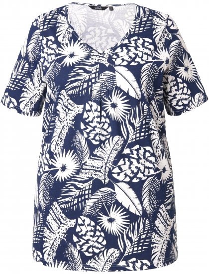 Ulla Popken Feather Print Short Sleeve V-Neck Tee Ink Blue - Bedruckte T-shirts für herren - 