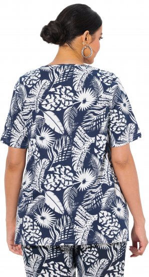 Ulla Popken Feather Print Short Sleeve V-Neck Tee Ink Blue - Bedruckte T-shirts für herren - 