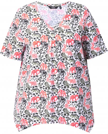 Ulla Popken Half-sleeve A-line V-neck Pointed Hem Animal Pattern T-shirt Snow White - Bedruckte T-shirts für herren - Bedruckte Damen-T-Shirts