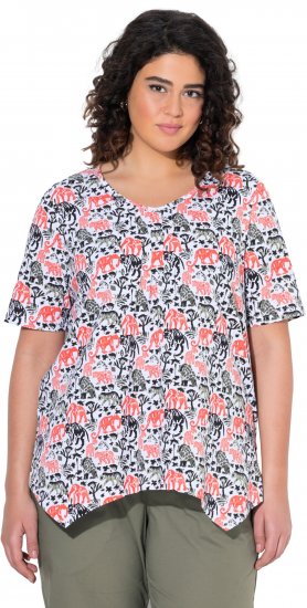 Ulla Popken Half-sleeve A-line V-neck Pointed Hem Animal Pattern T-shirt Snow White - Bedruckte T-shirts für herren - Bedruckte Damen-T-Shirts