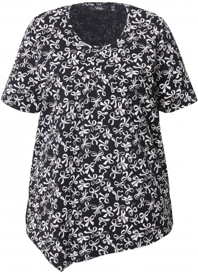 Ulla Popken Bow Print Short Sleeve Pointed Hem Tee Black - Bedruckte T-shirts für herren - 