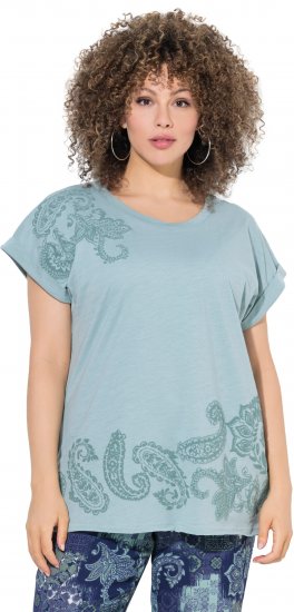 Ulla Popken Textured Paisley Motif Cap Sleeve Tee Light Moss Green - Bedruckte T-shirts für herren - 