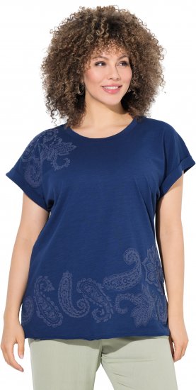 Ulla Popken Textured Paisley Motif Cap Sleeve Tee Navy - Bedruckte T-shirts für herren - 