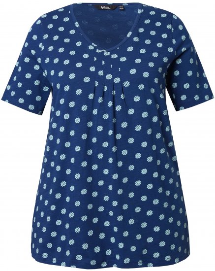 Ulla Popken Tile Print Short Sleeve Pleated Tee Dark Blue - Bedruckte T-shirts für herren - Bedruckte Damen-T-Shirts
