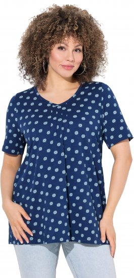 Ulla Popken Tile Print Short Sleeve Pleated Tee Dark Blue - Bedruckte T-shirts für herren - Bedruckte Damen-T-Shirts