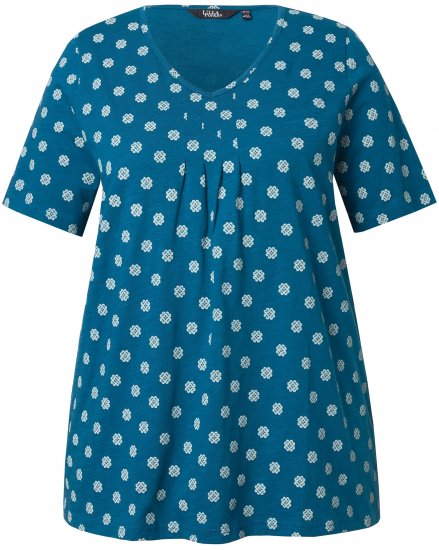 Ulla Popken Tile Print Short Sleeve Pleated Tee Teal - Bedruckte T-shirts für herren - Bedruckte Damen-T-Shirts