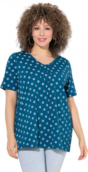 Ulla Popken Tile Print Short Sleeve Pleated Tee Teal - Bedruckte T-shirts für herren - Bedruckte Damen-T-Shirts