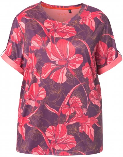 Ulla Popken Quick Drying Flower Print Short Sleeve Tee Dark Cherry - Bedruckte T-shirts für herren - 