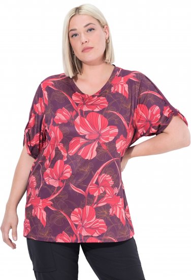 Ulla Popken Quick Drying Flower Print Short Sleeve Tee Dark Cherry - Bedruckte T-shirts für herren - 
