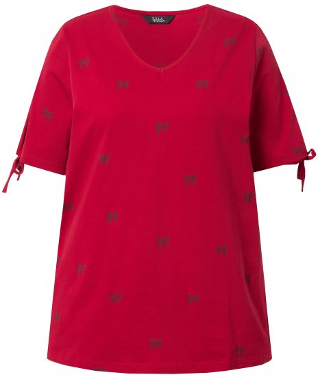 Ulla Popken Bow Print Split Sleeve Tee Ruby Red - Bedruckte T-shirts für herren - 