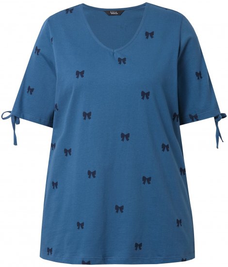 Ulla Popken Bow Print Split Sleeve Tee Indigo Denim - Bedruckte T-shirts für herren - 