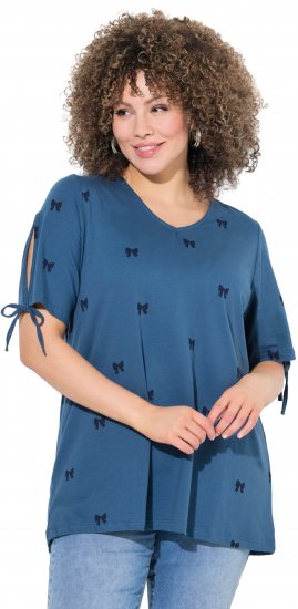Ulla Popken Bow Print Split Sleeve Tee Indigo Denim - Bedruckte T-shirts für herren - 