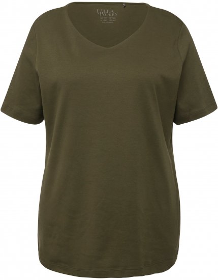 Ulla Popken Double Layer Rounded V-Neck Slim Fit Tee Forest Green - T-Shirts - T-Shirts für Damen