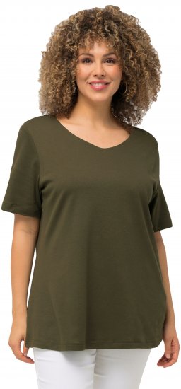 Ulla Popken Double Layer Rounded V-Neck Slim Fit Tee Forest Green - T-Shirts - T-Shirts für Damen