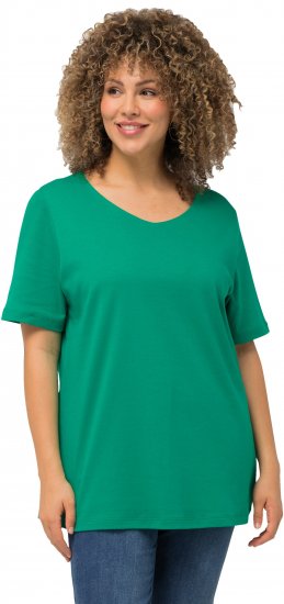 Ulla Popken Double Layer Rounded V-Neck Slim Fit Tee Emerald - T-Shirts - 