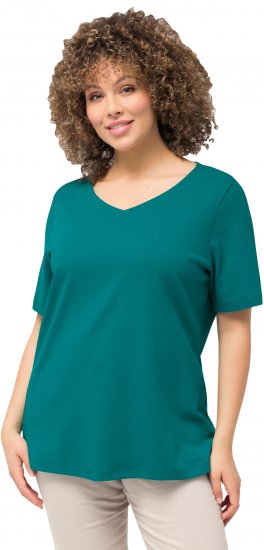 Ulla Popken Double Layer Rounded V-Neck Slim Fit Tee Dark Emerald - T-Shirts - 