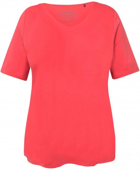 Ulla Popken Double Layer Rounded V-Neck Slim Fit Tee Dark Coral - T-Shirts - 