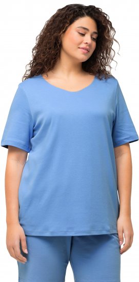 Ulla Popken Double Layer Rounded V-Neck Slim Fit Tee Cloud Blue - T-Shirts - 