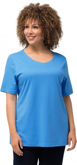 Ulla Popken Double Layer Rounded V-Neck Slim Fit Tee Sky Blue - T-Shirts - 