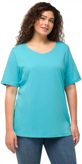 Ulla Popken Double Layer Rounded V-Neck Slim Fit Tee Deep Aqua - T-Shirts - 