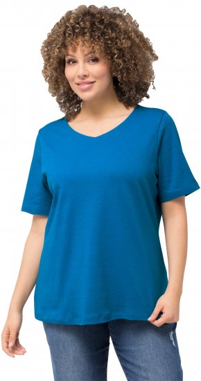 Ulla Popken Double Layer Rounded V-Neck Slim Fit Tee Medium Blue - T-Shirts - 