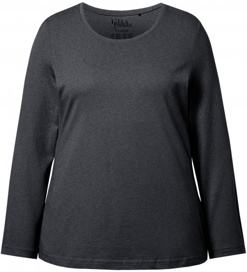 Ulla Popken Basic Round Neck Long Sleeve Slim Fit Cotton Tee Charcoal - T-Shirts - 