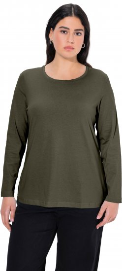 Ulla Popken Basic Round Neck Long Sleeve Slim Fit Cotton Tee Olive - T-Shirts - 