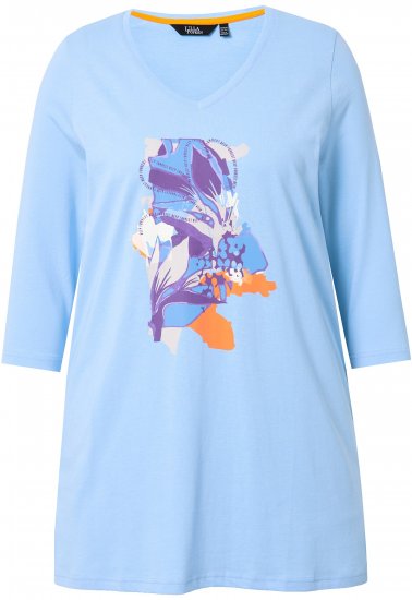 Ulla Popken Floral Motif 3/4 Sleeve Tunic Tee Light Blue - Bedruckte T-shirts für herren - 