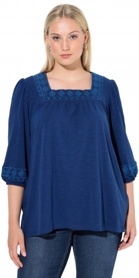 Ulla Popken Embroidered Detail 3/4 Sleeve Tee Dark Blue - Bedruckte T-shirts für herren - 