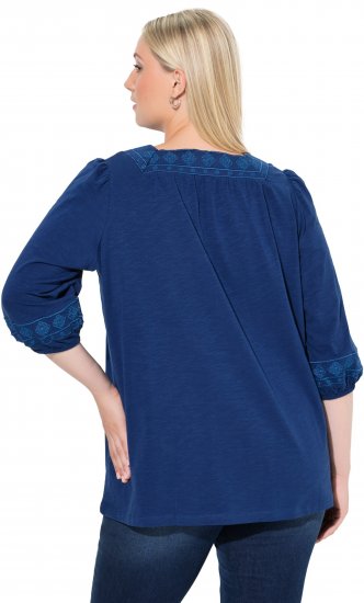 Ulla Popken Embroidered Detail 3/4 Sleeve Tee Dark Blue - Bedruckte T-shirts für herren - 