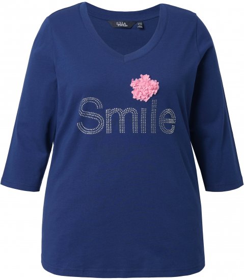 Ulla Popken Smile Rhinestone 3/4 Sleeve Graphic Tee Ink Blue - Bedruckte T-shirts für herren - Bedruckte Damen-T-Shirts