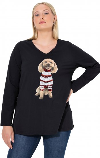 Ulla Popken Sequined Puppy Long Sleeve Graphic Tee Black - Bedruckte T-shirts für herren - Bedruckte Damen-T-Shirts