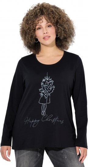 Ulla Popken Holiday Long Sleeve Graphic Tee Black - Bedruckte T-shirts für herren - 