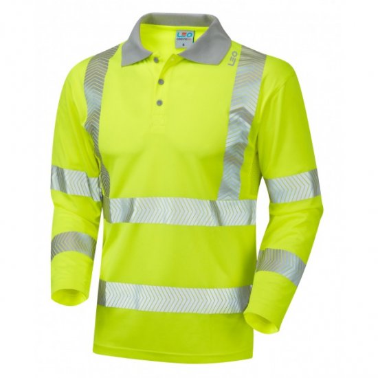 Leo Barricane Ecoviz Performance+ Sleeved Polo Shirt Hi-Vis Yellow - Herren arbeitskleidung - Herren Arbeitskleidung Große Größen